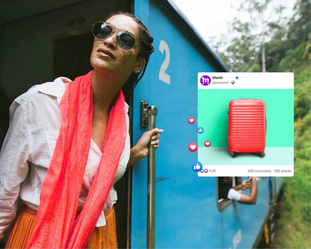 Woman travelling on train, looking outside. Screenshot of an instagram post about a suitcase that is overlaid on the primary image.
