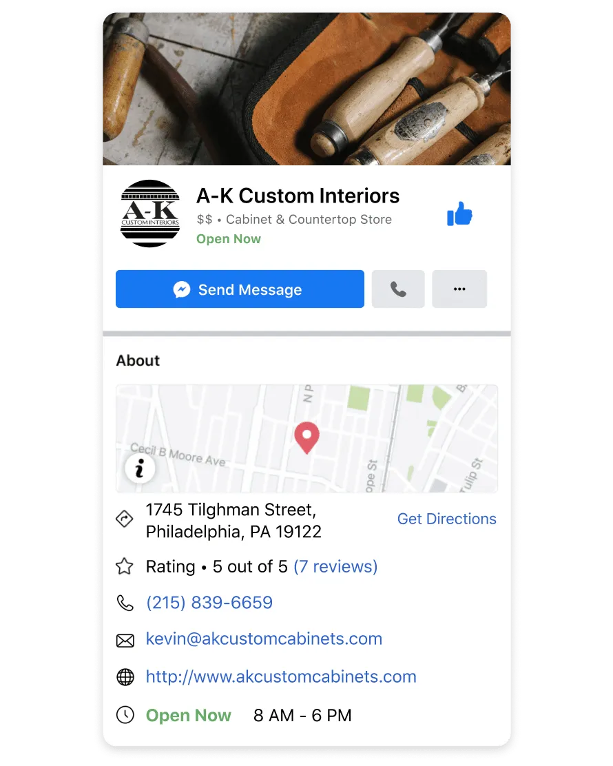A screenshot of a Facebook business profile showing business details such as customer reviews and contact information.