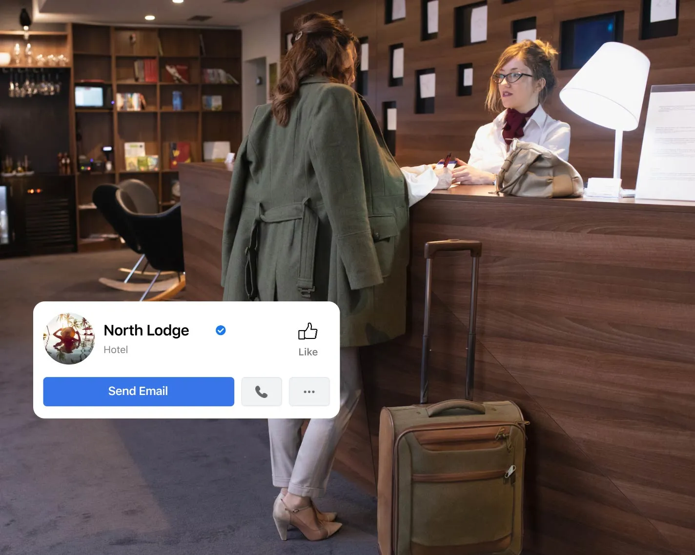 Woman at check-in counter at hotel – create an online presence on Facebook for your agency client