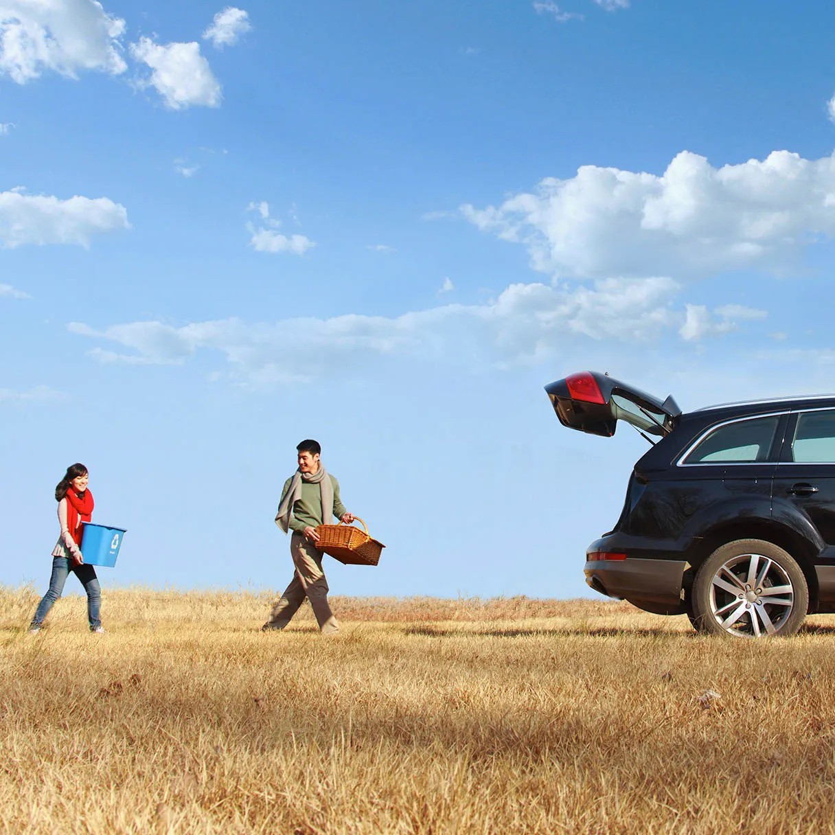 A man and a woman in a cornfield approaching the open boot of their car with a picnic hamper