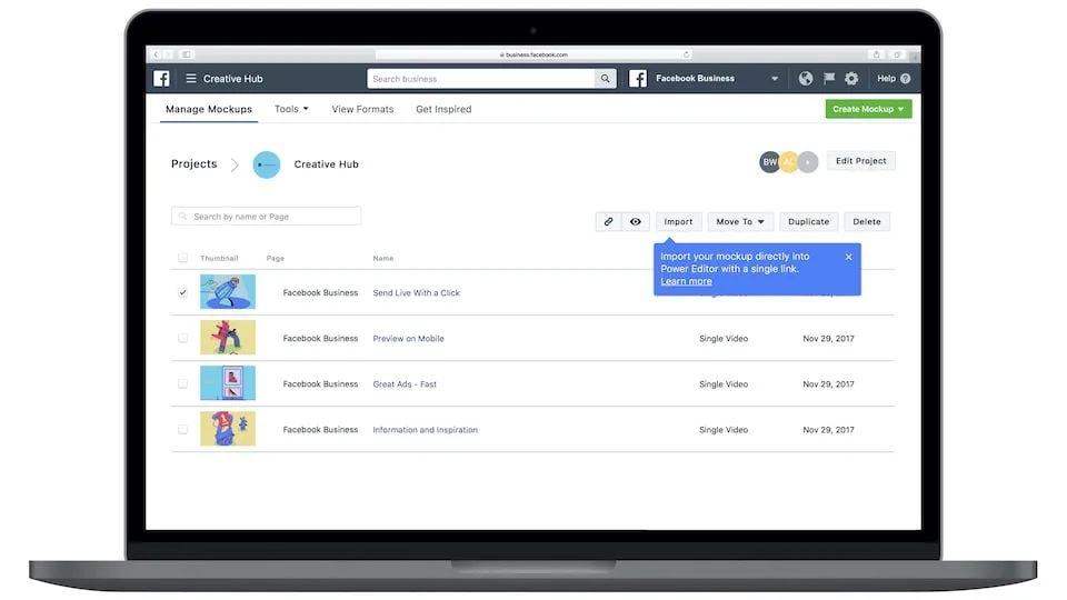 Import the Facebook ad mockup directly into Facebook Ads Manager without need to add back images, copy etc