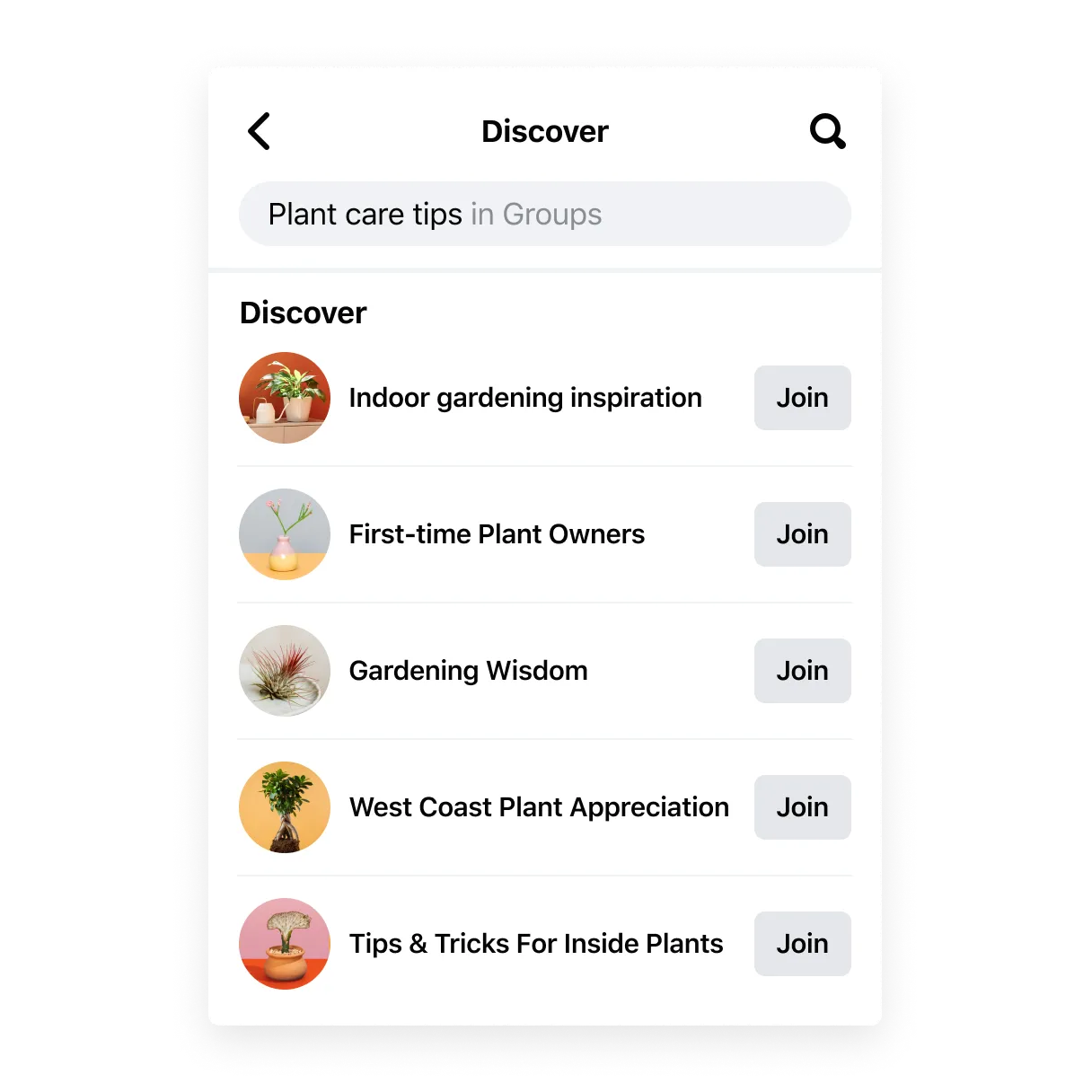 Discover groups screen