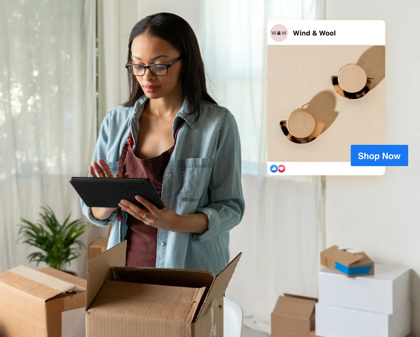 A screenshot of a person using a tablet and a Facebook post with Shop now button.