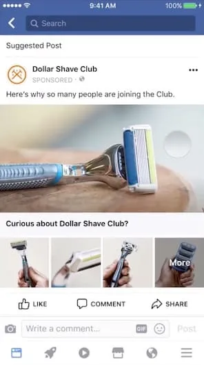 Example of a Facebook ad from Dollar Shave Club on Facebook mobile shown as a suggested post.
