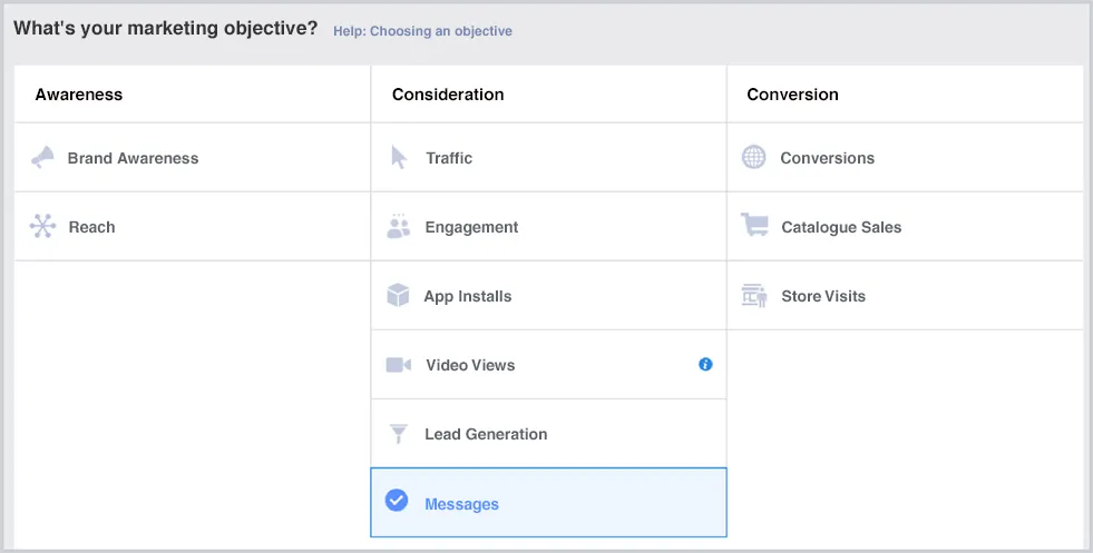 Screen of Facebook Ads Manager showing how to select the Messages objective to get click-to-Messenger ads