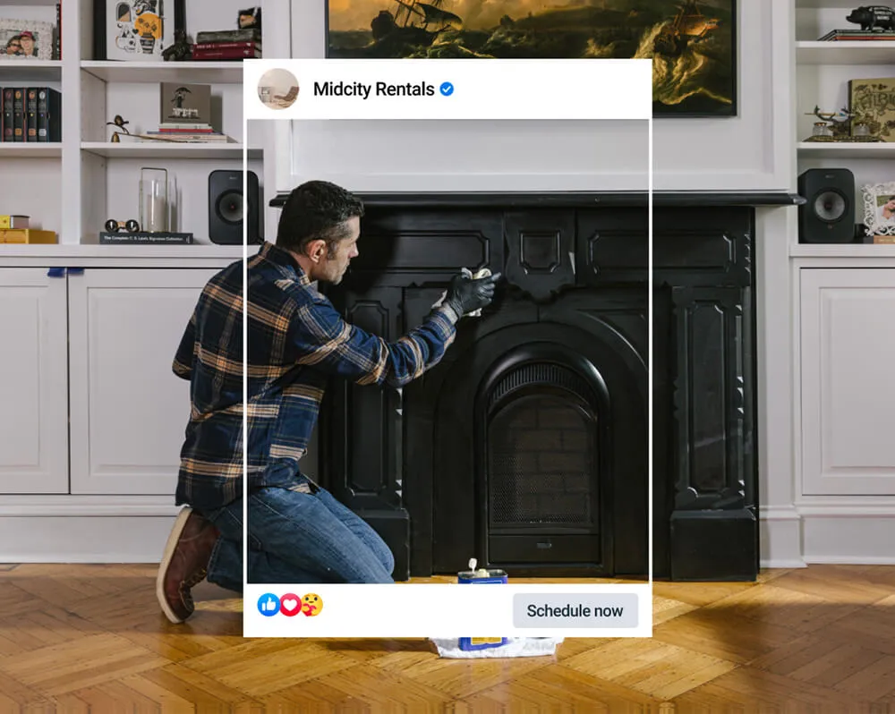 A screenshot of a man painting a fireplace, showcasing how this business uses Facebook to advertise their business offerings.