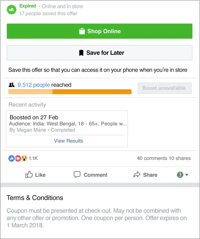 Example of reporting that you can get for the offers posted on your Facebook business Page