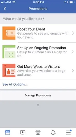 Facebook Page promotions screenshot