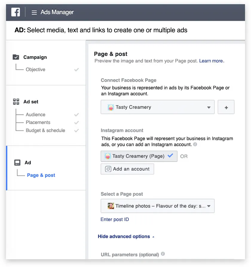 An example of Facebook Ads Manager interface to make Instagram ads
