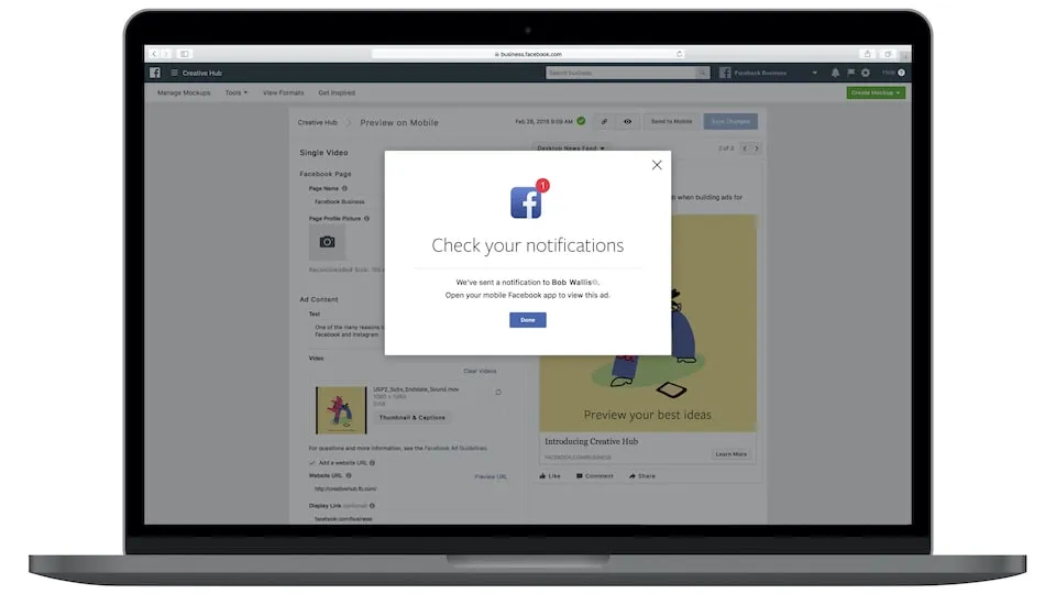 Result of sending your Facebook ad mockup preview to your Facebook to test it thanks to Creative Hub
