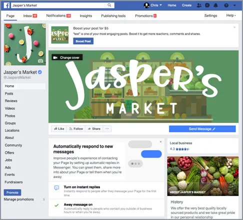 Example of a Facebook business Page admin view on desktop