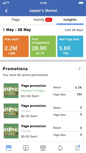 Mobile screen of Facebook Page Insights reporting on reach