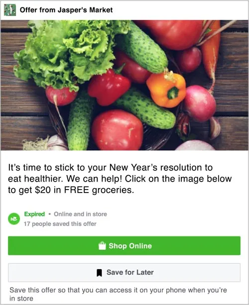 Desktop example of a business posting an online offer via Facebook