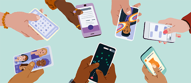 Seven hands holding seven different phones. Each phone has something different on it, including a game, a chat window, an ad, a group video chat and AR effects.