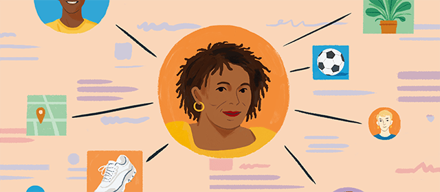 A smiling woman is at the centre of the image. She's surrounded by other images with lines that connect each one back to her. Other images include a football, a plant, a shoe and other people.